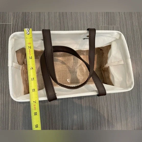 White and Tan Canvas Gift Tote with faux Brown Leather Handles - Picture 7 of 7